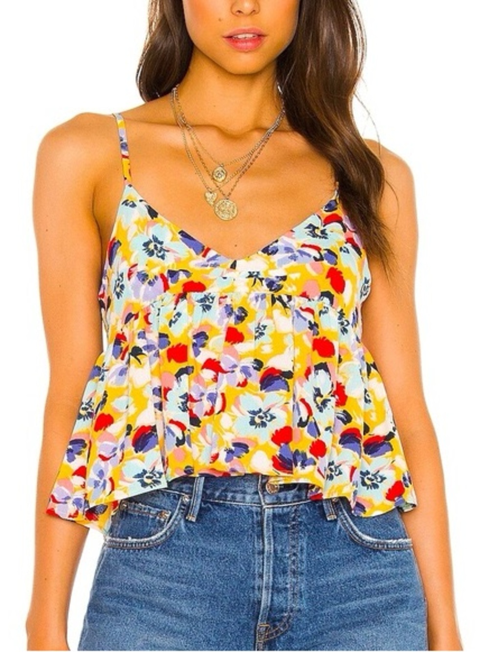 BCBGeneration Yellow Floral Spaghetti-Strap Camisole